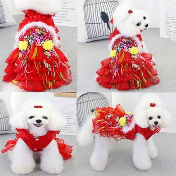 Pet Suknelė Kinijos Tradicinės Tango Kostiumų Šalys Vestuvių Drabužius, Naujųjų Metų Kalėdų Mažų Šunų Teddy Yorkshir Čihuahua