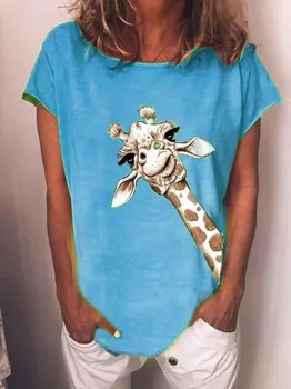Vasaros Marškinėliai Moterims Mados Nežiūriu Mielas Žirafa Spausdinti Trumpomis Rankovėmis Apvalios Kaklo Marškinėliai Atsitiktinis Streetwear Negabaritinių Moterų Top Marškinėliai