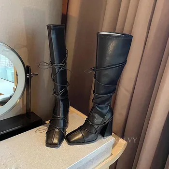 Kilimo ir tūpimo tako aikštėje kojų elastinga slim Kelio auliniai batai Moterims, Siauros Juostos Rišti stambusis aukšto kulno batai 2020 m sexy Riteris ilgi batai