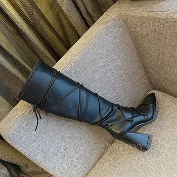 Kilimo ir tūpimo tako aikštėje kojų elastinga slim Kelio auliniai batai Moterims, Siauros Juostos Rišti stambusis aukšto kulno batai 2020 m sexy Riteris ilgi batai