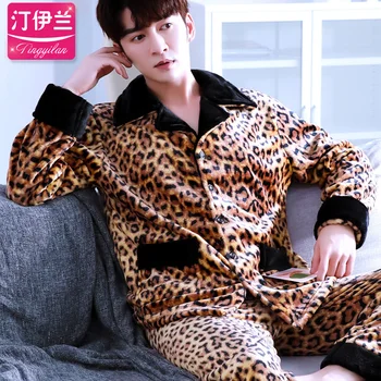 Žiemą Vyrai Pyjama Rinkinys Leopardas Spausdinti ilgomis Rankovėmis Turn-žemyn Apykaklės Koralų Vilnos Dviejų dalių Pižama Sleepwear Kostiumas Loungewear