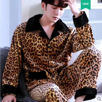 Žiemą Vyrai Pyjama Rinkinys Leopardas Spausdinti ilgomis Rankovėmis Turn-žemyn Apykaklės Koralų Vilnos Dviejų dalių Pižama Sleepwear Kostiumas Loungewear