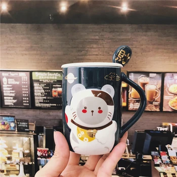 OUSSIRRO Kūrybos Stiliaus Lucky Kitty Cat pienas, kava, Arbata, Puodeliai Su Šaukštu, yra Padengti kostiumas Vaikams Mielas Puodeliai Vandens