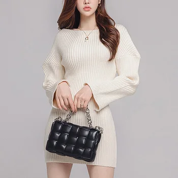 2020 Naujas Žiemos Korėjos Atsitiktinis Ilgomis Rankovėmis Slim Moteris Megztinis Suknelė Vientisas Megzti Megztinis Suknelė Lady Aukštos Elastinga Mini Suknelė