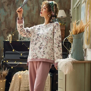 Rudenį Medvilnės Moterų Pižama ilgomis Rankovėmis Moterų Pajama Print Plus Size 5XL Pijama Ilgai Viršūnes+Ilgas Kelnes Dviejų dalių Komplektas Pižamos