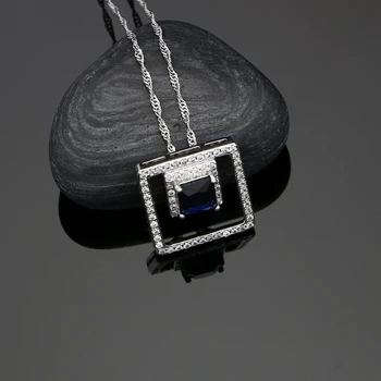 Mystic Blue Kubinis Cirkonis White Crystal 925 Sidabro Papuošalų Rinkiniai Moterims Vestuvių Ravėjimas Auskarai/Pakabukas/Žiedas /Karoliai Rinkinys