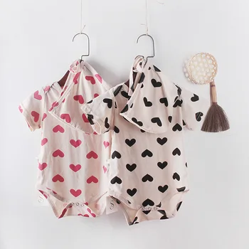 Vasarą kūdikis Bodysuits Nauja Mergina Kūdikių Persikas Širdies trumpomis Rankovėmis Mygtuką Hat-shirt Baby Medvilnės Jungtis Laipiojimo Kostiumas