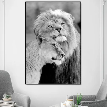 Juoda ir balta liūtas laukinės Afrikos liūtas šeimos gyvūnų drobės apdaila sienų tapybos paveikslų kambarį drobė, tapyba