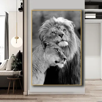 Juoda ir balta liūtas laukinės Afrikos liūtas šeimos gyvūnų drobės apdaila sienų tapybos paveikslų kambarį drobė, tapyba