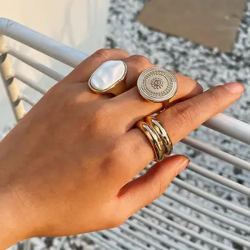 3Pcs/Set Boho Vyrų Žiedas Baltas Auksas Spalva Vintage Baroko Perlas Geometrinis Apvalios Monetos Moterų Piršto Nustatyti Žiedas korėjos Papuošalai Žavesio