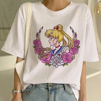 Juokinga Sailor Moon T-shirt Moterims trumpomis Rankovėmis Estetinės Cute kačių Animacinių filmų Grafika Marškinėlius Viršūnes Harajuku Vasaros T Marškinėliai Moteriška