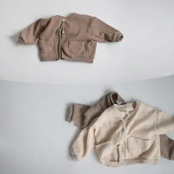 Korėjos vaikų drabužiai nauji rudenį berniukų ir mergaičių T-kaklo džemperis cardigan baby Striukė retro Viršuje vaikai striukės