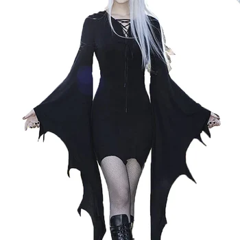 Naujas Retro Gotikos Aukšto Juosmens Juoda Suknelė Vintage Estetinės Šikšnosparnių Rankovėmis Mini Suknelės Goth Elegantiškas Tvarstis Šalis Suknelė Moterims Komplektai