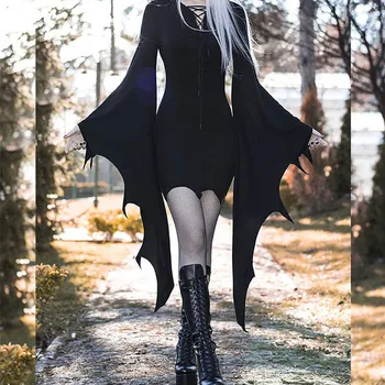Naujas Retro Gotikos Aukšto Juosmens Juoda Suknelė Vintage Estetinės Šikšnosparnių Rankovėmis Mini Suknelės Goth Elegantiškas Tvarstis Šalis Suknelė Moterims Komplektai