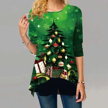 Kalėdų Marškinėliai Plius Dydis Moterų, T-shirt Santa Claus Spausdinti Kalėdos ilgomis Rankovėmis Laimingas Topai Marškinėliai, Žiemos Moterų Roupas Feminina