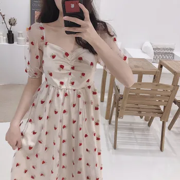 2019 M. Vasarą Korėjos Saldus Siuvinėjimo Braškių Suknelės Moterims, Elegantiškas Skaidriai Nėrinių Suknelės Sluoksniuotos Rankovėmis Pasakų Vintage Suknelė