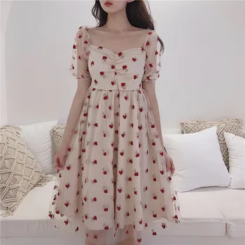 2019 M. Vasarą Korėjos Saldus Siuvinėjimo Braškių Suknelės Moterims, Elegantiškas Skaidriai Nėrinių Suknelės Sluoksniuotos Rankovėmis Pasakų Vintage Suknelė