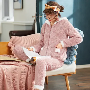 Mielas korėjos versija, koralų vilnos šiltas plius aksomo storio flanelė namų paslauga kostiumas Pižama moterims rudens ir žiemos saldus