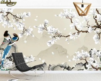 Beibehang Užsakymą 3d tapetai, freskos naujas kinų stiliaus balta magnolija paukščių rankomis dažyti brushwork gėlių ir paukščių fono sienos