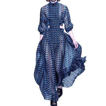 Elegantiškas Stovėti Apykaklės, Raukiniai Mados Kilimo Ir Tūpimo Tako Moterų Suknelė Visiškai Rankovės Grindų Ilgis Moterų Šifono Suknelė 2020 M. Rudenį Naujų