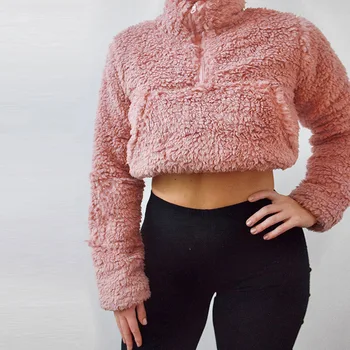 ArtSu Žiemos Hoodie Rožinės Vilnos Apkarpytos Palaidinukė Moterų Megztinis Negabaritinių Ponios Hoodies Šiltą Bliuzoną Streetwear ASHO20435