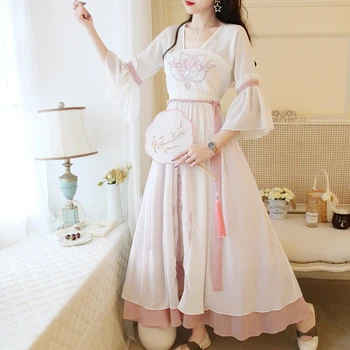 2020 Naujas Rožinės Spalvos Nėriniais, Šifono Senovės Kostiumas Hanfu Pasakų Suknelė Moterims Kinų Stiliaus Tang Dinastijos Princesė Vestuvių Šokio Kostiumai