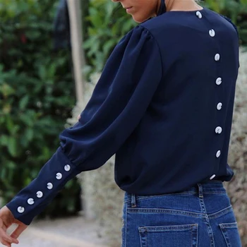 Moterų Mygtuką Atsitiktinis v-Kaklo Viršūnes Ir Palaidinės Ponios ilgomis Rankovėmis Kietas Vintage Marškinėliai 2019 Moterų Rudenį OLIS Stiliaus Plius Dydis Blusas