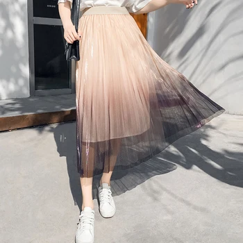 Gradiento spalvos sijonas moterų 2019 ilgas klostuotas sijonas moterims vasaros nėriniai akių princesė pasakų sijonas