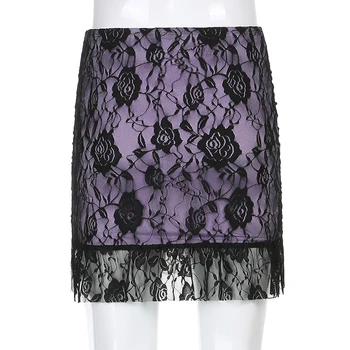 SUCHCUTE Gotikos Ruched Mini Sijonas Moterims Streetwear Mados Y2K Estetinės Gėlių Spausdinti Nėrinių 90s Komplektus-Line Sijonai