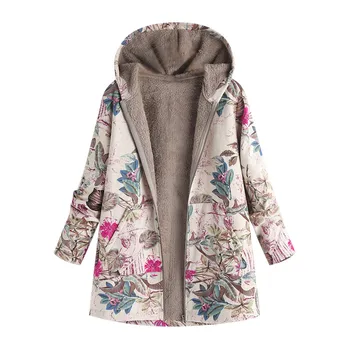 Paltas Moteriška Rudens Mados Žiemą Šiltas Outwear Gėlių Spausdinti Gobtuvu Kišenės Derliaus Negabaritinių Paltai