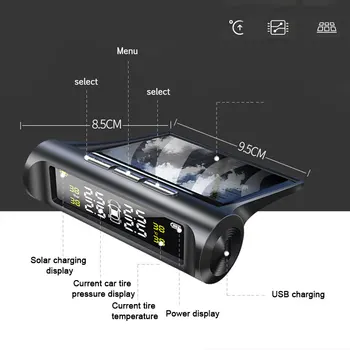 Automobilių Tpms Padangų Slėgio Stebėjimo Smart Sistemos, Saulės energija, Skaitmeninis LCD Ekranas USB Auto Apsaugos Signalizacijos 4pcsTire Slėgio Daviklis