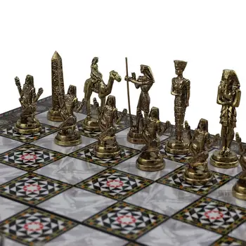 Istoriniai Egipto Faraonas Duomenys Metalo Šachmatų Rinkinį,Rankų darbo Vienetų ir perlamutras Raštuotas Medžio Šachmatų Lenta Karalius 9 cm
