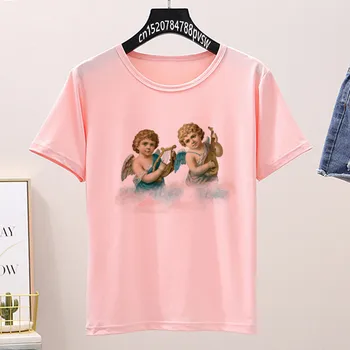 Moterų Juokingi Angel Baby Pink Print T Shirt Vasaros trumpomis Rankovėmis Harajuku WhiteT-shirt Mergina 90s Ullzang KPOP Viršūnes Tees