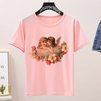 Moterų Juokingi Angel Baby Pink Print T Shirt Vasaros trumpomis Rankovėmis Harajuku WhiteT-shirt Mergina 90s Ullzang KPOP Viršūnes Tees