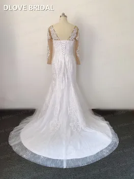 Naujas Atvykimo Prabangių Vestuvių Suknelė Visiškai Ilgomis Rankovėmis V-Kaklo Perlų Puošnios Nuotakos Suknelė Realios Nuotraukos