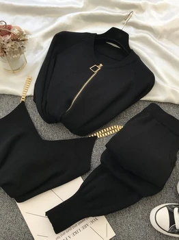 Mados Moterų kostiumas 2020 m. rudenį naujų produktų Atsitiktinis saldus temperamentas grandinės liemenę megzti striukė + trijų dalių elastinės kelnės