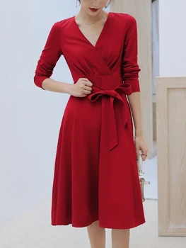 Hepburn Derliaus 2019 Naują Atvykimo Varčias-line Wrap Dress Aukšto Juosmens ilgomis Rankovėmis Kieto Juoda Raudona Ponios Suknelės, Šaliai