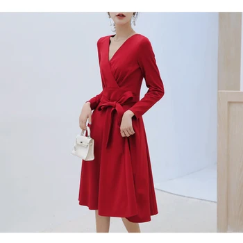 Hepburn Derliaus 2019 Naują Atvykimo Varčias-line Wrap Dress Aukšto Juosmens ilgomis Rankovėmis Kieto Juoda Raudona Ponios Suknelės, Šaliai