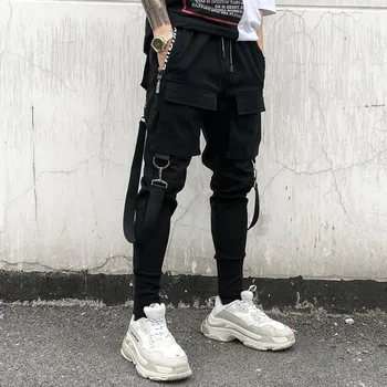 Hip-Hop Poilsiu Vyriškos Juodos Haremo Kelnės Multi Pocket Juostelės Vyriškos Sportinės Kelnės Streetwear Krovinių Kelnės Vyrams Japonijos Streetwear