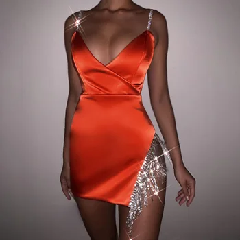 Vasaros Mados 2020 Nauja Siunta Seksuali Suknelė Spageti Dirželis Deimantų Kutas V Kaklo Bodycon Oranžinės Spalvos Elegantiškas Vakaras Šalis Suknelė