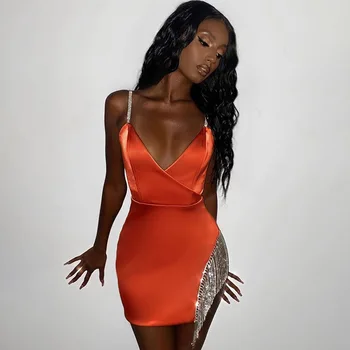 Vasaros Mados 2020 Nauja Siunta Seksuali Suknelė Spageti Dirželis Deimantų Kutas V Kaklo Bodycon Oranžinės Spalvos Elegantiškas Vakaras Šalis Suknelė