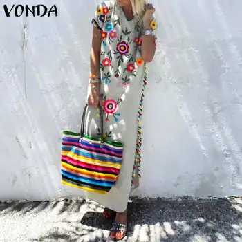 Vasaros Sundress 2021 VONDA Bohemijos Maxi Ilga Suknelė Moterims V Kaklo Kutas Šalis Suknelė Paplūdimio Derliaus Gėlių Spausdinti Vestido Plius Dydis