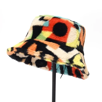 2020 Laday Žiemos Skrybėlę Spalvotų Dirbtiniais Kailiais Laišką Modelis Kibirą, Skrybėlės Moterims Minkštas Šiltas Vaivorykštė panama fuffy bob Gorros Mujer