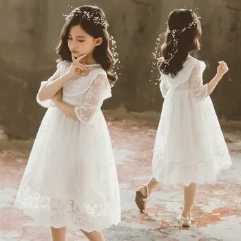 2020 M. Mergina Vaikų Vestuvių Nėrinių Šalis Suknelė Princesė Drabužių Priežastinis Nešioti Suknelės Mergaitėms Baltas Saldus Suknelė 4-13 Metų Kostiumas