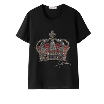 Vasaros Prarasti Europos Drabužius T-shirt yra Spindintys Deimantai Elegantiškos Karūnos Moterų Medvilnės trumpomis Rankovėmis Riebalų Mama Viršūnes Didelio Dydžio Tee Naujos T06715