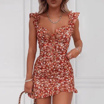 Elegantiškas Gėlių Spausdinti Mini Moterų Suknelė Seksualus Giliai V-Kaklo Trumpomis Rankovėmis Šalis Suknelė Vasaros Paplūdimio Stilius-Line Moteriška Suknelė Vestidos
