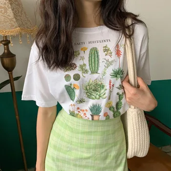 Harajuku Augalų Kaktusas Laišką Atspausdintas T-Shirt 2021 M. Vasarą, O Moterų-Kaklo trumpomis Rankovėmis Baltas Megztinis Tee Prarasti Atsitiktinis Y2k Marškinėliai