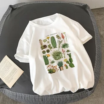 Harajuku Augalų Kaktusas Laišką Atspausdintas T-Shirt 2021 M. Vasarą, O Moterų-Kaklo trumpomis Rankovėmis Baltas Megztinis Tee Prarasti Atsitiktinis Y2k Marškinėliai