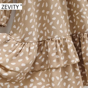 Zevity moterų vintage v kaklo taškų spausdinti klostyti raukiniai mini suknelė, prašmatnus moterų ilgomis rankovėmis elastinga juosmens atsitiktinis slim suknelės DS4388