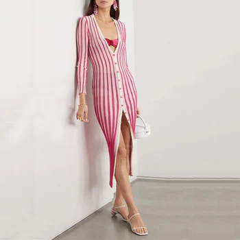 2020 m. Rudenį Naujų Moterų Aukštos Kokybės Seksualus V-Kaklo Mygtuką Rožinė Dryžuota Padalinta Megztinis Suknelė Elegantiškas Klubas Pokylių Suknelės, Vestidos